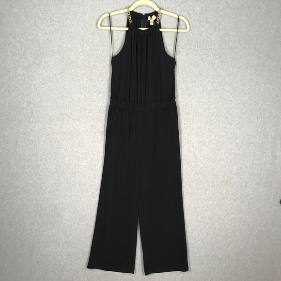 Michael Kors Jumpsuit Womens XS Black Gold Chain Crop Flowy Career Church $155 - Picture 1 of 16